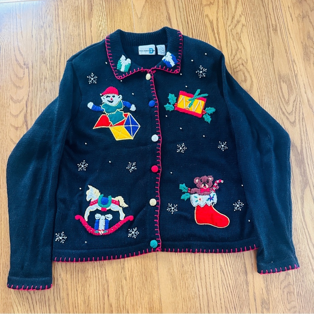 EUC Festive Women’s Black Cardigan with Holiday Embroidery
